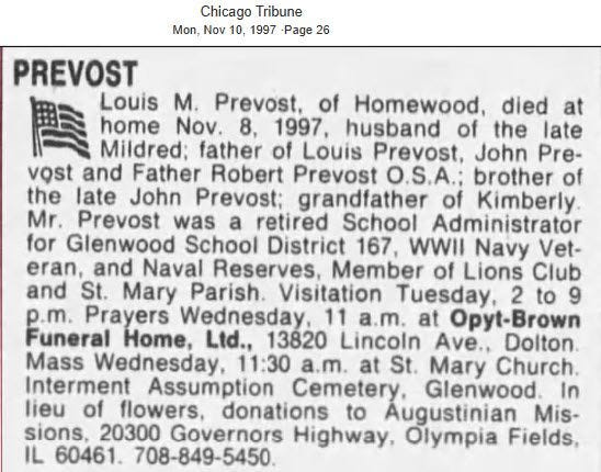 Obituary of Louis Prevost, Chicago Tribune, Nov. 10, 1997 Obituary of Louis Prevost, Chicago Tribune, Nov. 10, 1997