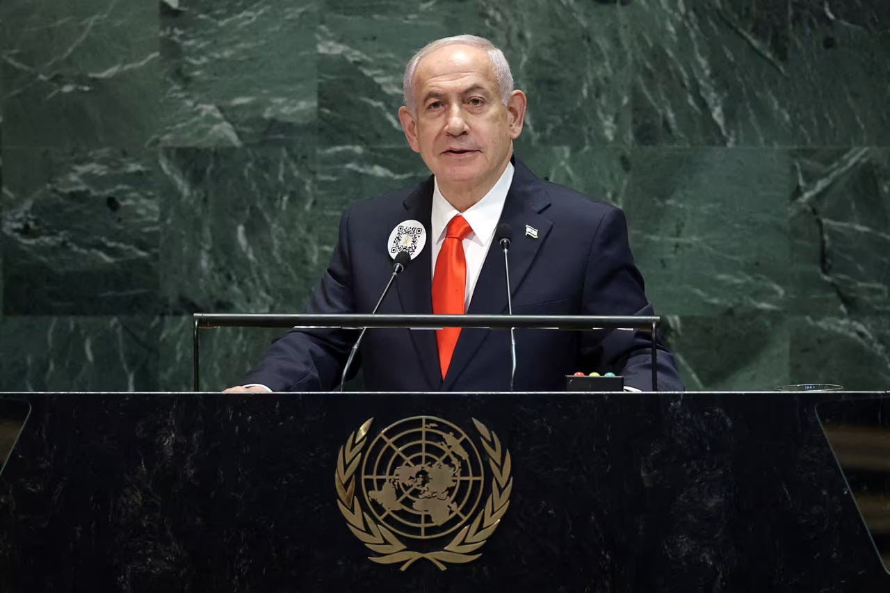 Israeli Prime Minister Benjamin Netanyahu addresses the United Nations General Assembly on Friday.