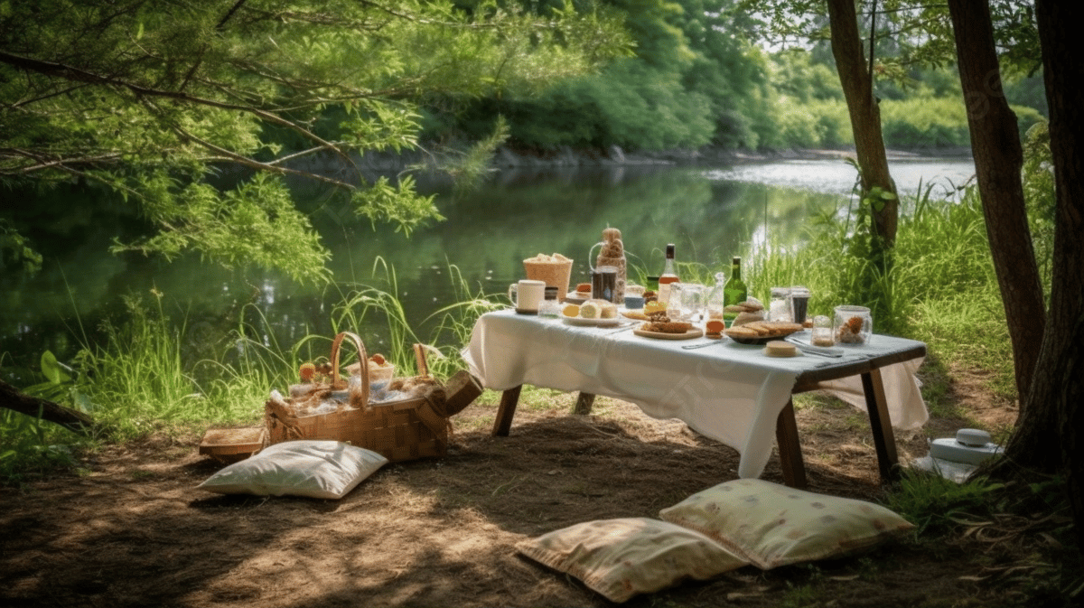 Picnic Tables Near River With Food Placed On Them, Picnic Image, Hd  Photography Photo, Water Background Image And Wallpaper for Free Download