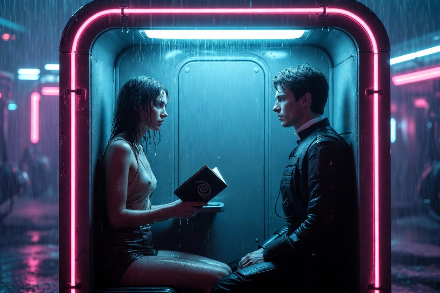 A woman soaked in rain, wearing a sheer tank top, sits in a neon-lit cyberpunk confession booth, handing a book bearing the Eyeball symbol to a stern priest in black leather. Heavy rain falls outside the glowing pink frame, evoking guilt, desire, and forbidden confession.