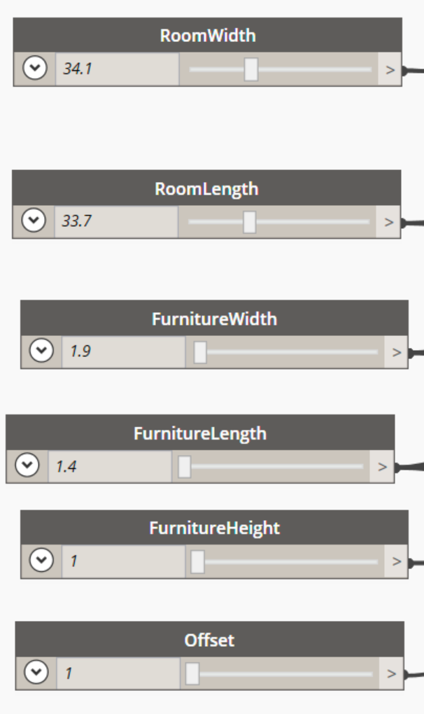 Dynamo nodes for the number sliders of our input parameters.