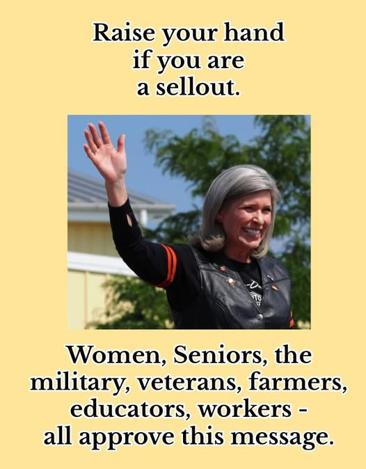May be an image of 1 person and text that says 'Raise your hand if you are a sellout. T0 Women, Seniors, the military, veterans, farmers, educators, workers- all approve this message.'