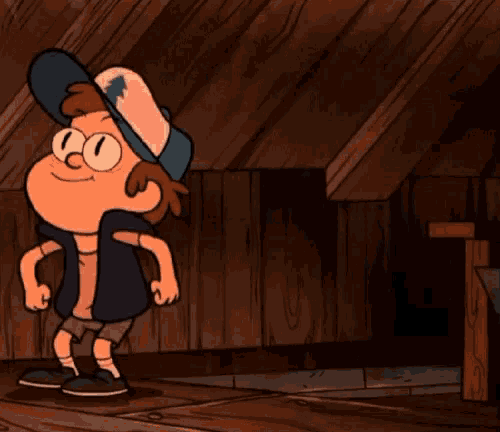 a cartoon character from gravity falls is hanging upside down from the ceiling