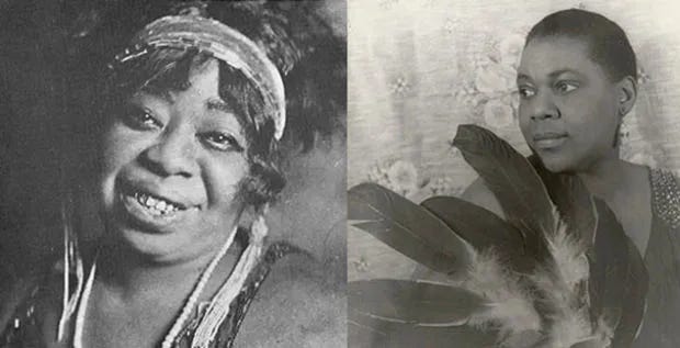 Side-by-side photos in black-and-white of Blues singers Gertrude 'Ma' Rainey and Bessie Smith