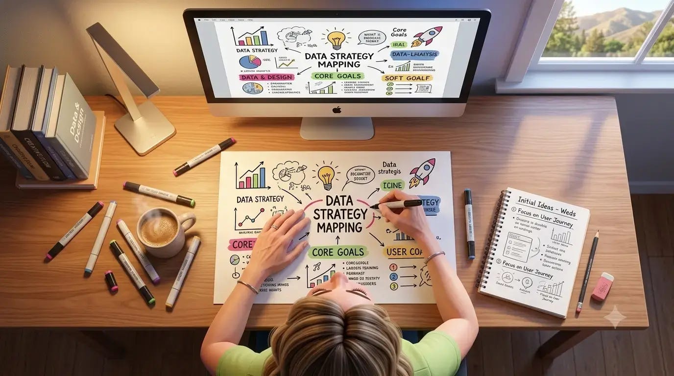 Overhead view of a woman drawing colorful sketchnotes at a desk with markers, coffee, and an iMac showing sketchnote designs