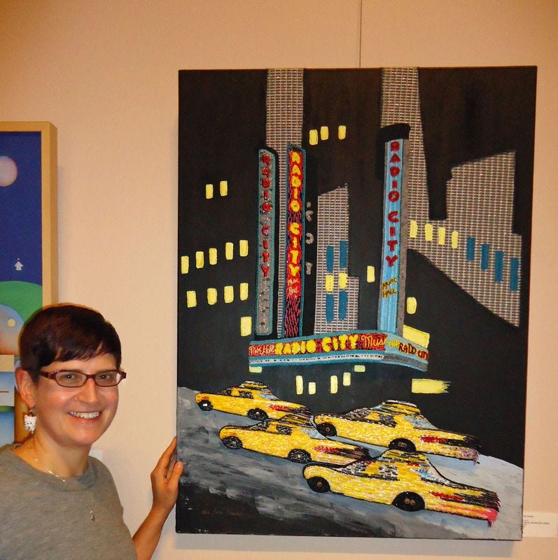 Radio City Music Hall beaded painting bead embroidery on canvas Cambridge Art Association Harvard Square art exhibit Boston beads Radio City Music Hall beaded painting bead embroidery on canvas Cambridge Art Association Harvard Square art exhibit Boston beads
