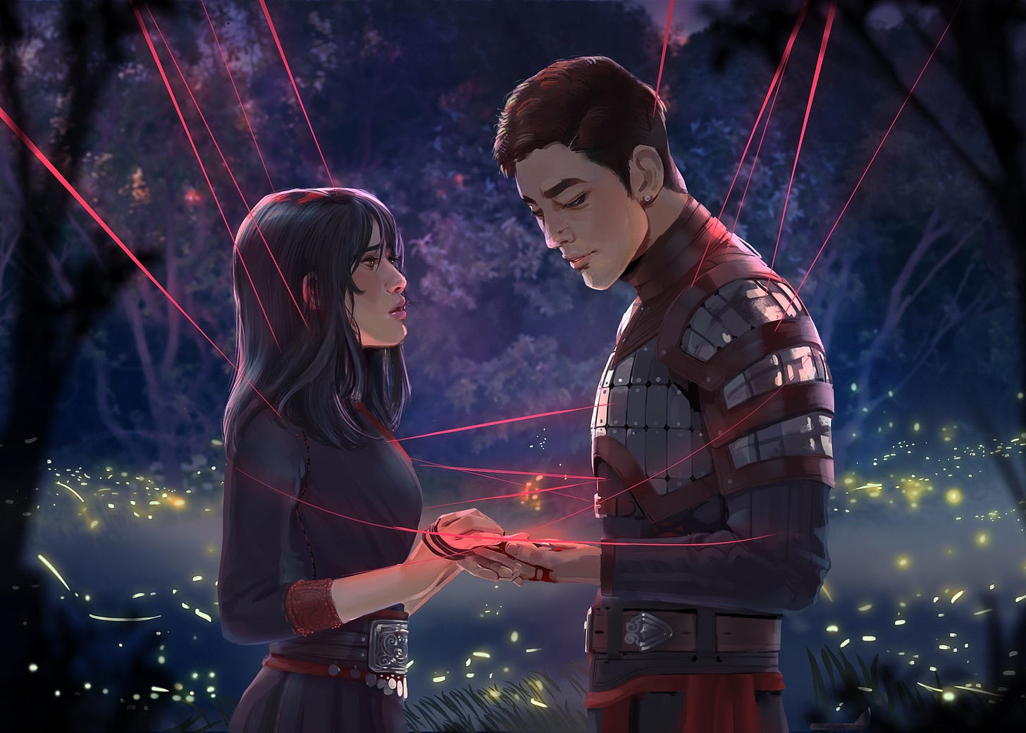 An illustration showing Aeduan holding Iseult's hand as she presses a silver taler into his bloodied palm. Red Threads wind around them and fireflies float in a misty forest around them