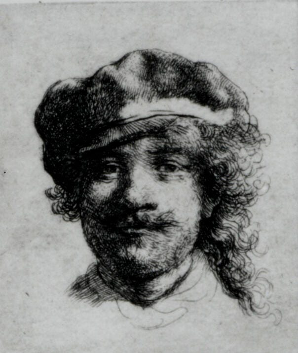 A black and white printed portrait of the head of a man with curly hair and mustache wearing a beret. A black and white printed portrait of the head of a man with curly hair and mustache wearing a beret.