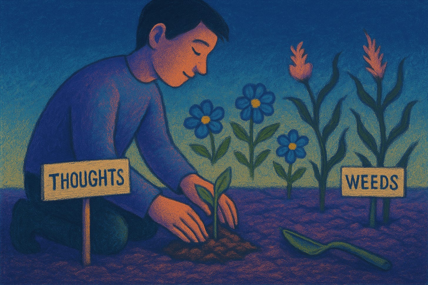 Man planting healthy flowers (good thoughts) with weeds also in the garden