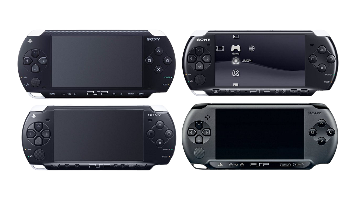 Different PlayStation Portable models highlighting handheld design