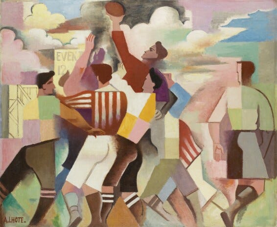 André Lhote’s 1920 painting Les Joueurs de Rugby, showing simplified Cubist figures playing rugby in muted pink, green, blue, yellow, and brown.