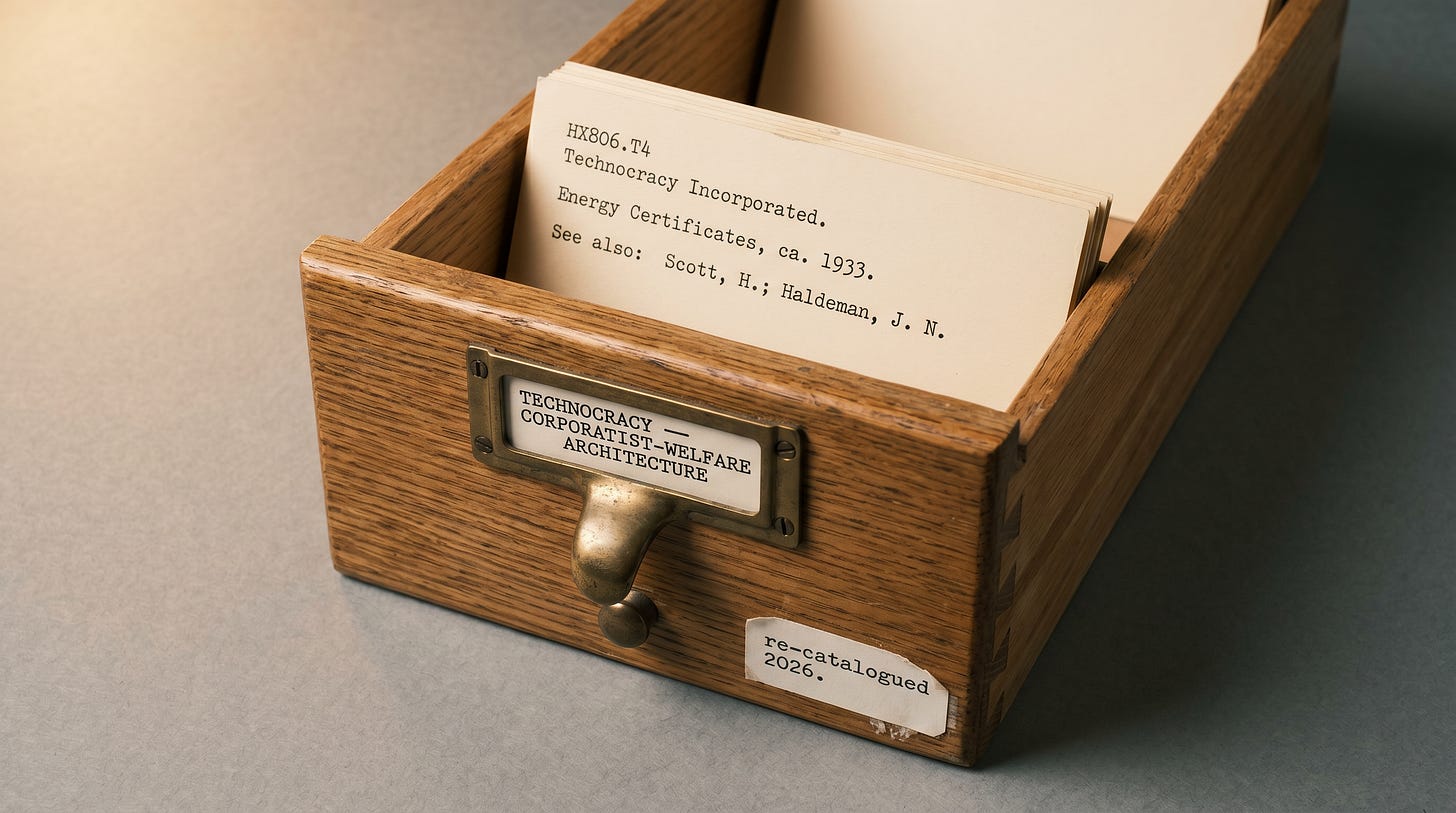 The same wooden card catalog drawer from the opening image, now re-catalogued. The guide tab reads "Technocracy — Corporatist-Welfare Architecture." The catalog card is unstamped. A small affixed label reads "re-catalogued 2026."