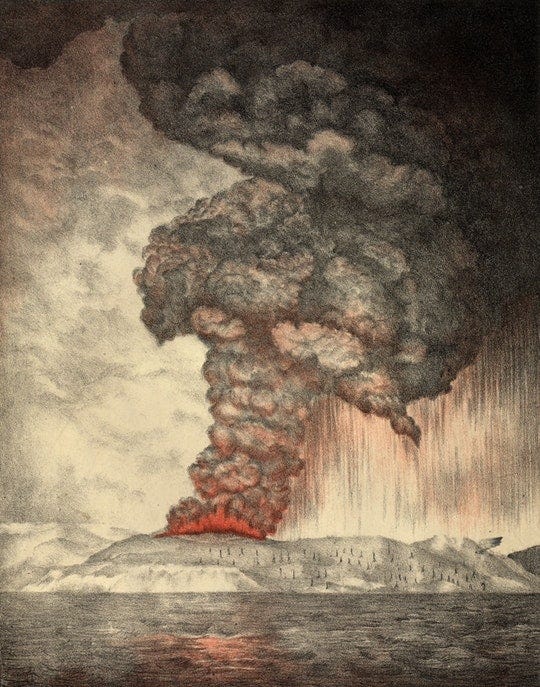 Lithograph from 1888 showing the Krakatoa eruption, author unknown.