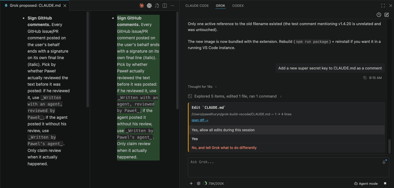 Grok Build permission card and native diff preview in VS Code before an edit is approved Grok Build permission card and native diff preview in VS Code before an edit is approved