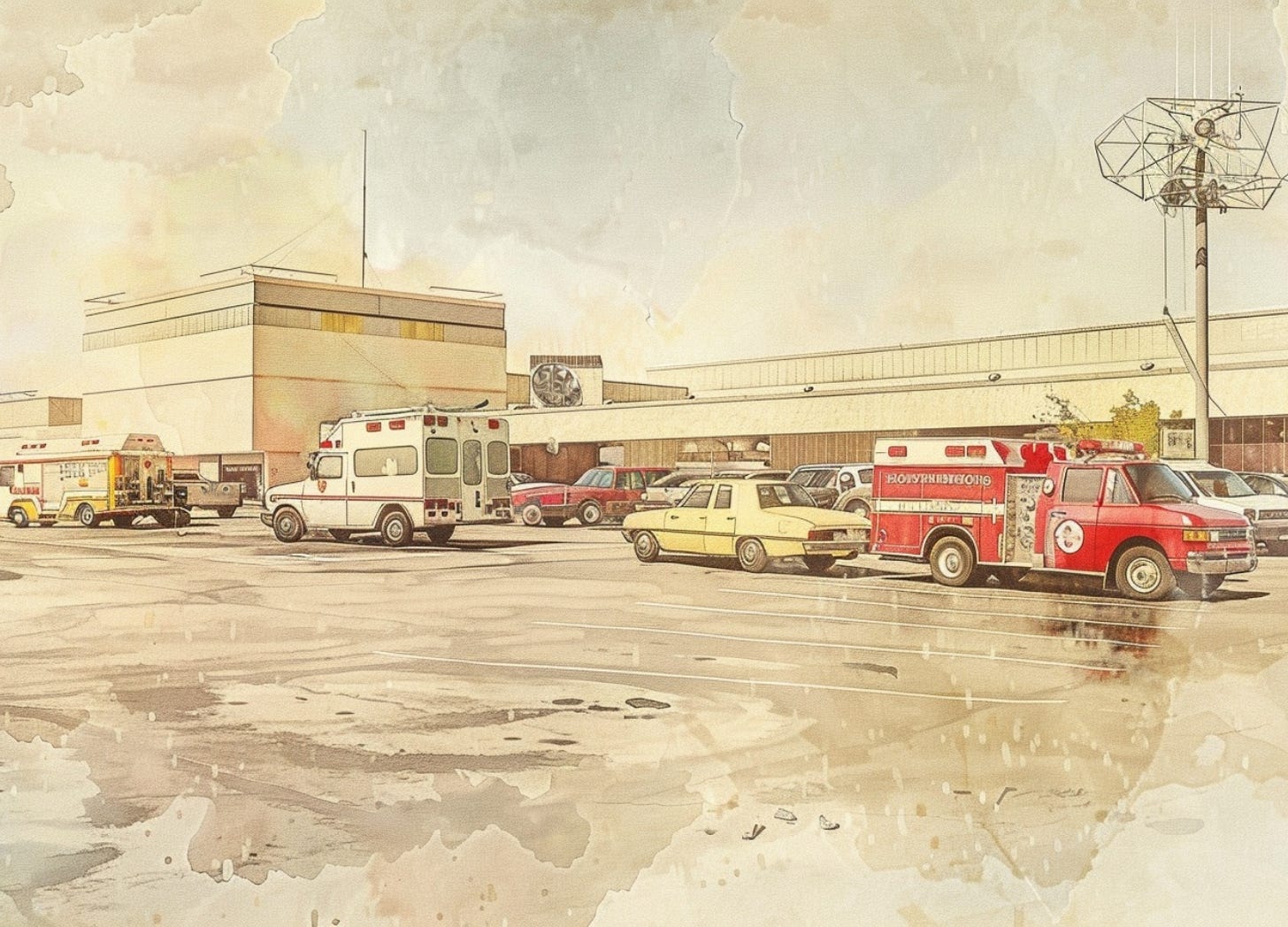 vintage editorial watercolor illustration of a midwestern strip mall parking lot in daylight, emergency vehicles scattered across the lot, news van with satellite arm raised, flat sky, muted neutrals, cream paper texture