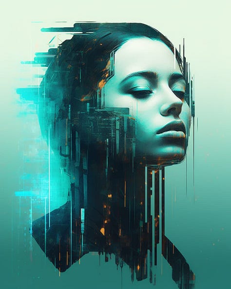 Art in the style of zen - inspired, digital manipulation, vertical glitch art, contrasting balance, solarizing master, cyberpunk, dark white and dark cyan, subtle gradients