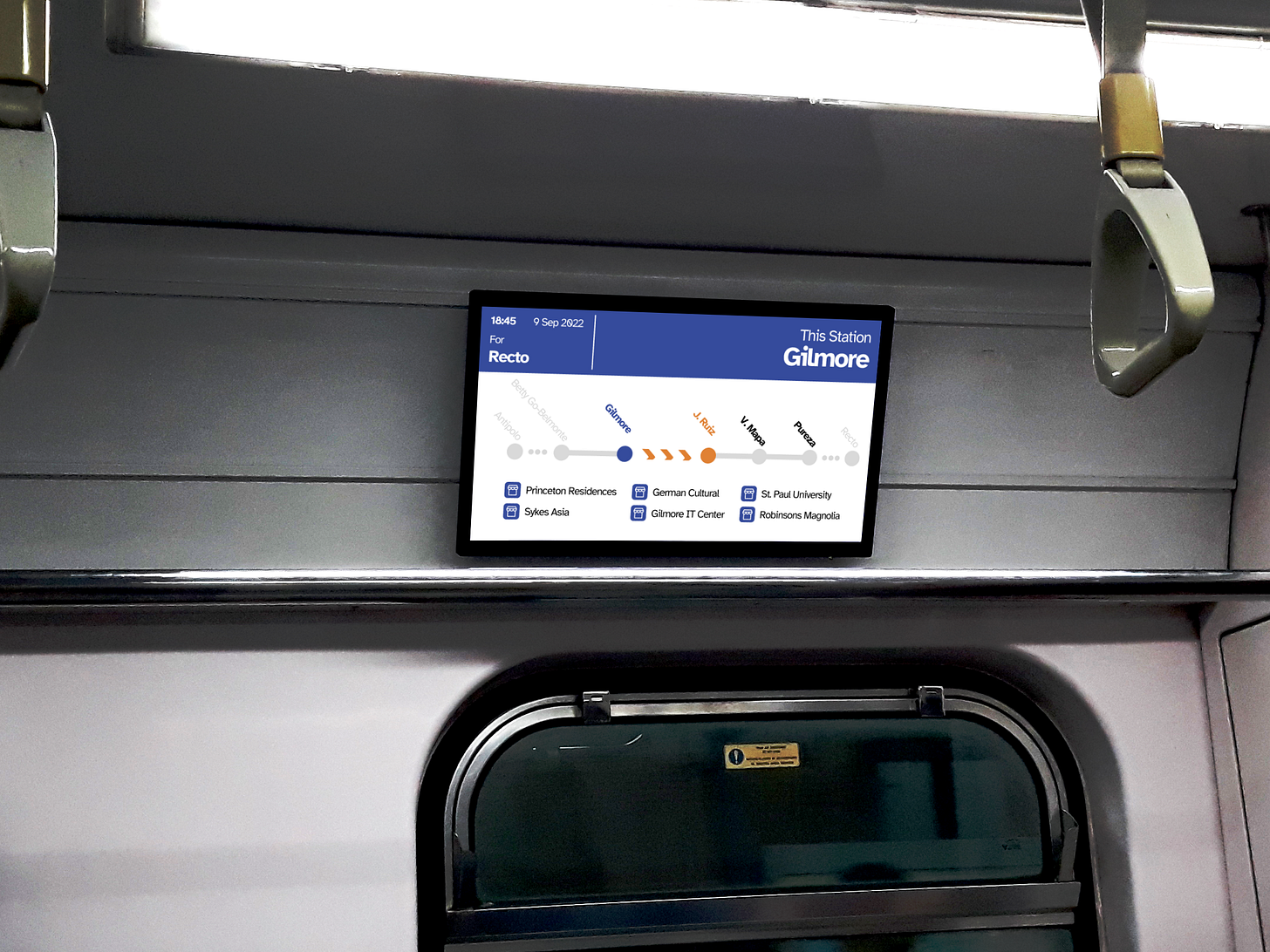 An edited version of an earlier picture in the article: A concept screen edited on an actual PIDS screen on a Line 2 train, showing Gilmore as the current station, bound for Recto. Below it is a small progress map and the six points of interest for the station