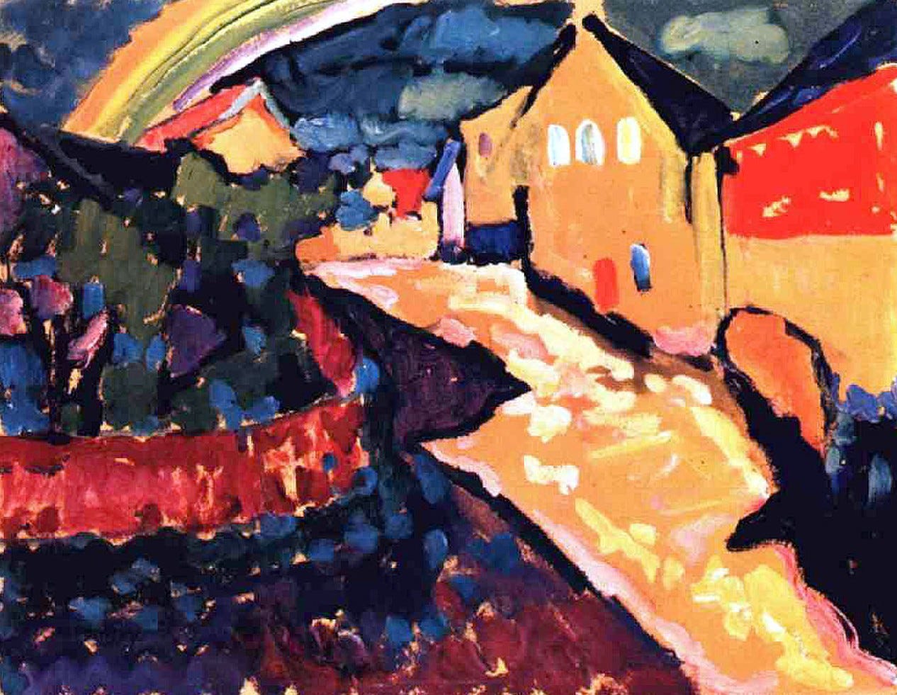 A landscape of hills and a village painted in strong, flat patches of color A landscape of hills and a village painted in strong, flat patches of color