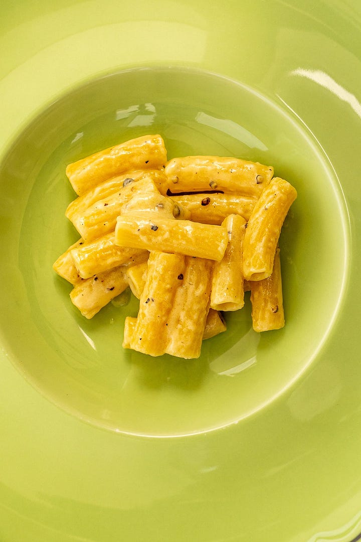 L-R: Orzo with butter lettuce, rigatoni cacio e pepe en vesse