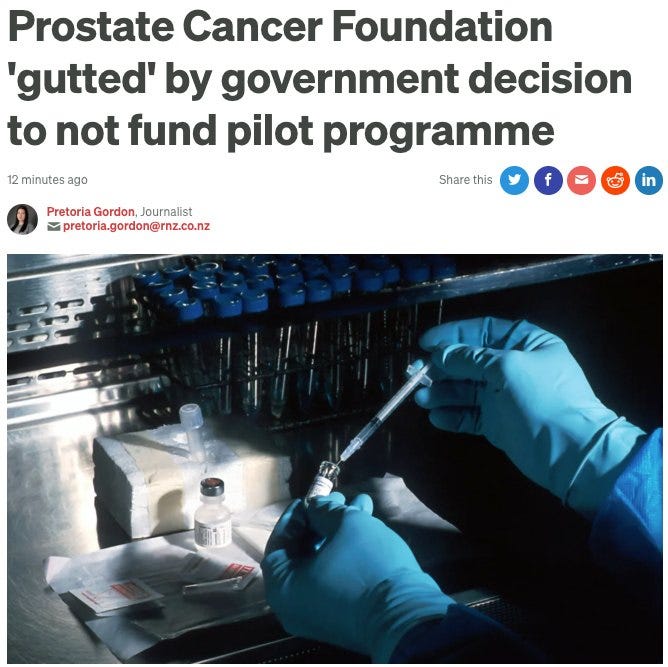 May be an image of text that says "12 minutes 해 Prostate Cancer Foundation 'gutted' by government decision to not fund pilot programme Share this f Pretoria Gordon, Journalist pretoria.gordon@rnz.co.nz"