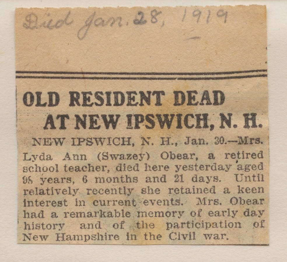 Obit notice for Mrs. Obear Obit notice for Mrs. Obear