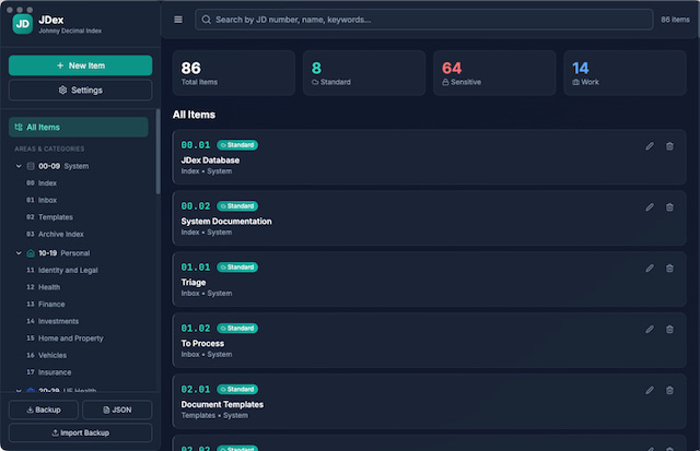 JDex application interface displaying Johnny Decimal areas and categories with location tracking