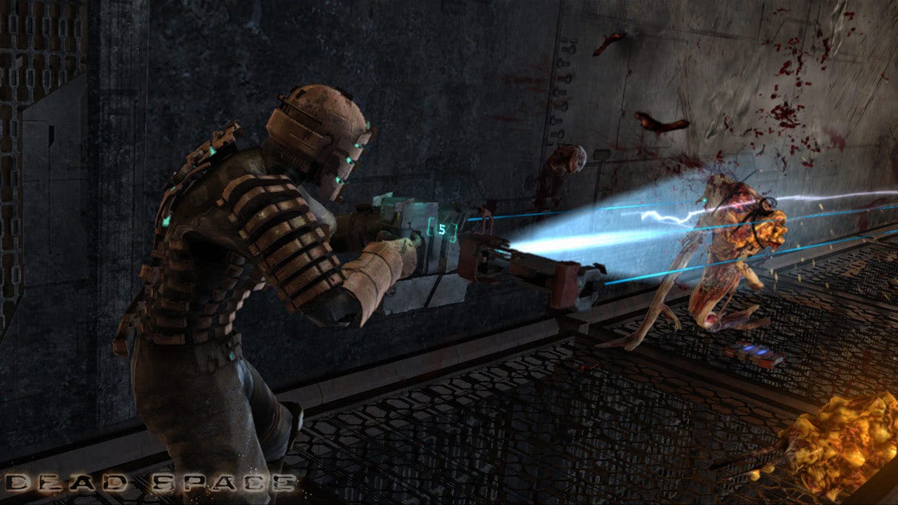 A picture of the protagonist of Dead Space shooting a lazer at a zombified enemy. The Dead Space logo is in the bottom left. A picture of the protagonist of Dead Space shooting a lazer at a zombified enemy. The Dead Space logo is in the bottom left.