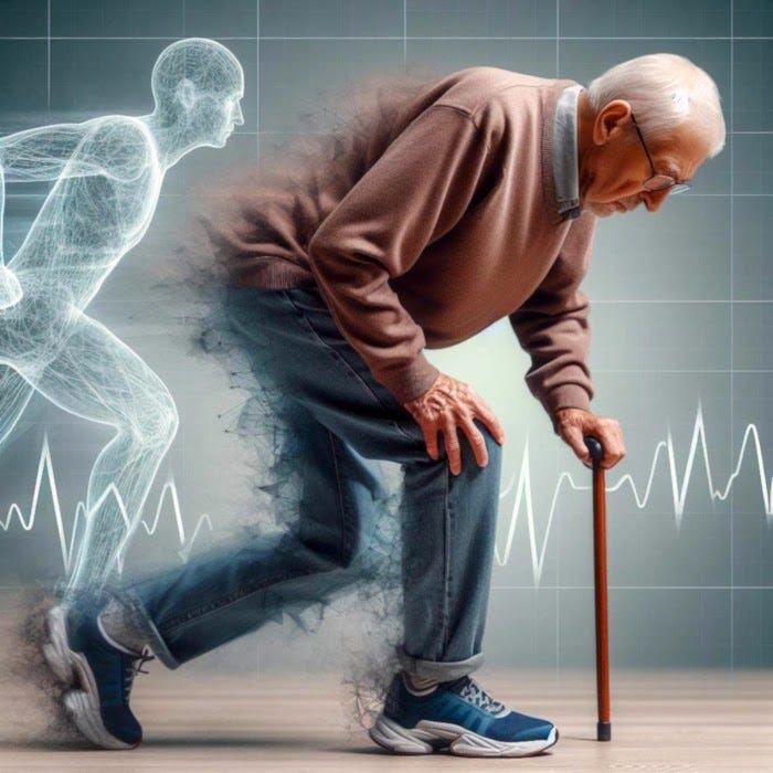 Signs of dementia unsteady steps Older gentleman with a cane walking in front of a computer screen, exhibiting an unsteady gait.