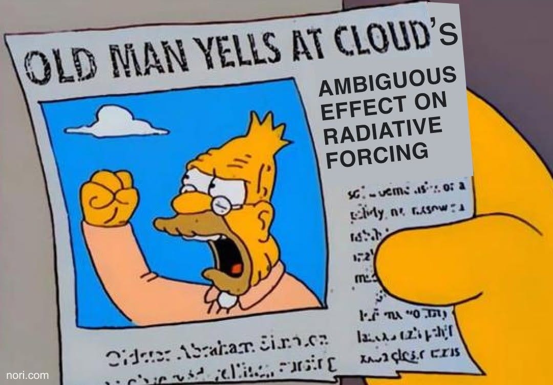 Simpsons newspaper clipping of Grampa Simpson shaking his fist at the sky, headlined "Old man yells at cloud's ambiguous effect on radiative forcing".