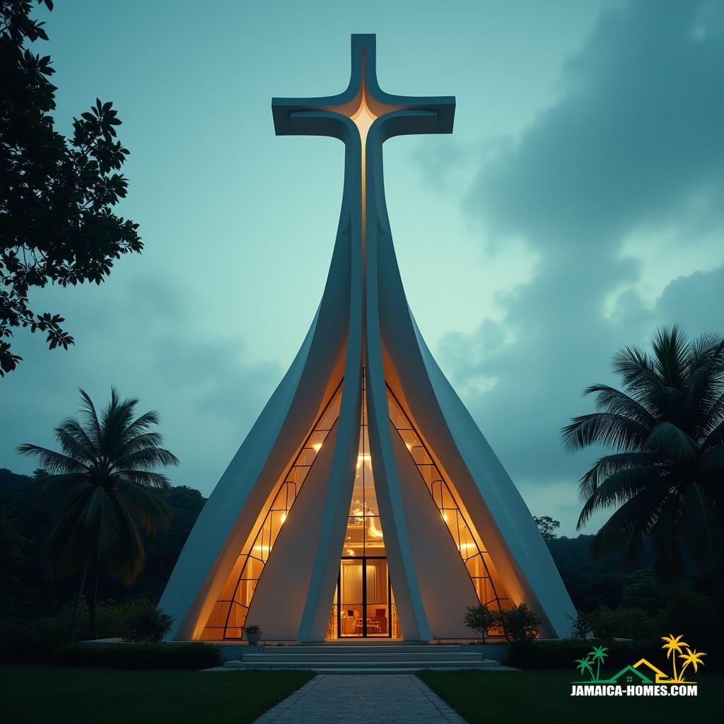 A modern church building in Jamaica, Caribbean, architecturally sculpted into the distinct shape of a Christian cross.
