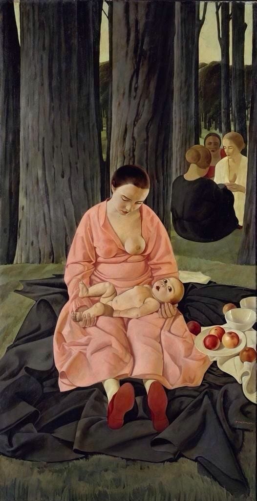 This may contain: a painting of a woman holding a baby in her lap while sitting on a blanket