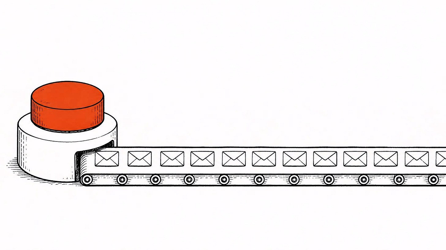 Giant orange-red button feeding a long conveyor belt of tiny identical envelopes