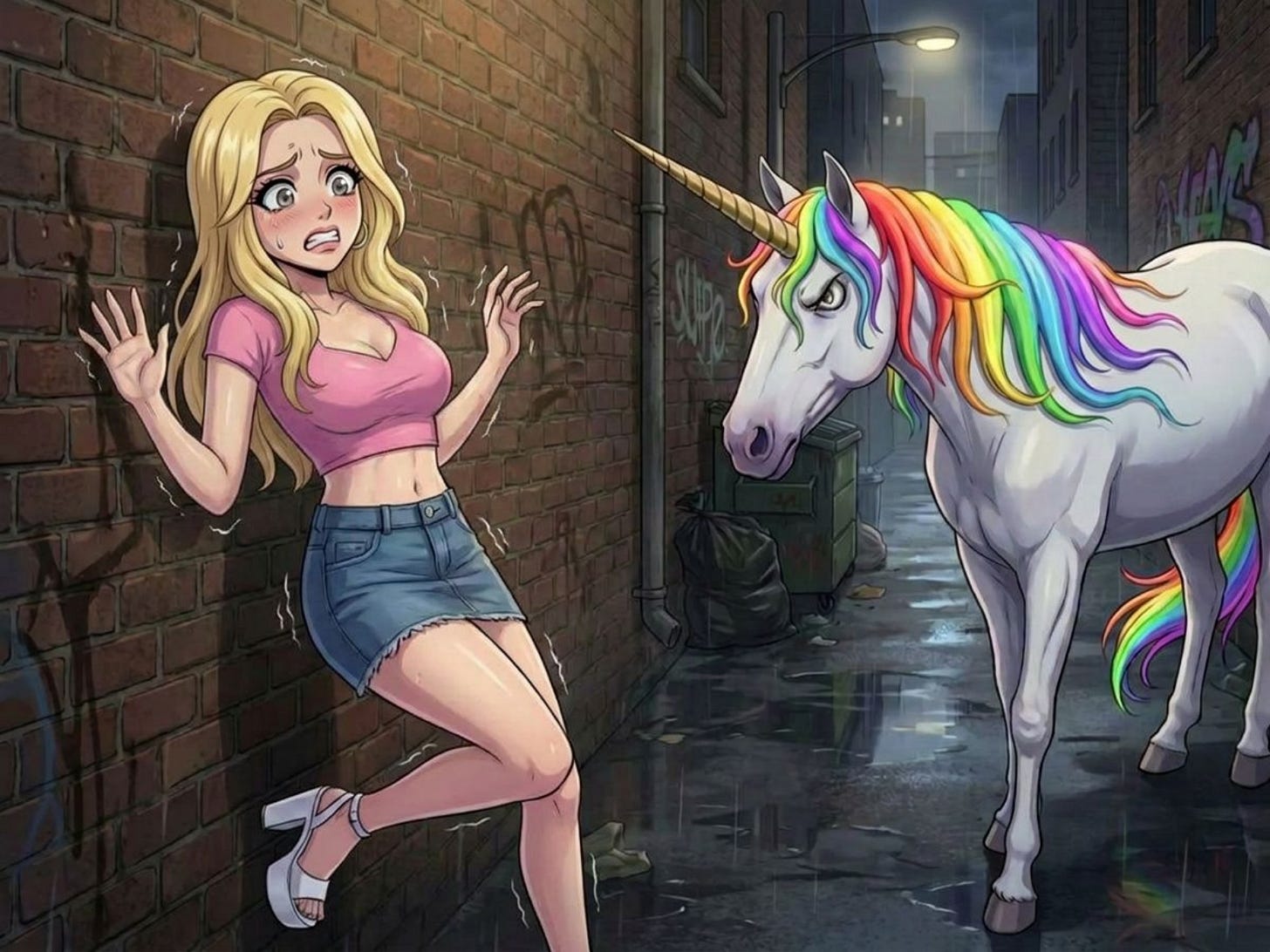 An angry unicorn stares at a scared blonde woman.