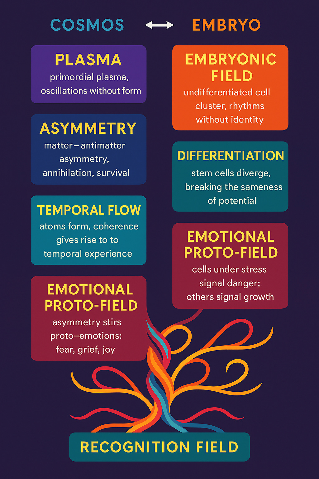A colorful infographic titled Embryo ↔ Cosmos shows parallel stages of development in the universe and the human embryo. On the left, cosmic evolution is depicted: primordial plasma, symmetry breaking, entropy gradient, and stable atoms. On the right, embryonic development is shown: fertilized egg, cell division and differentiation, directional growth, and tissue formation. Both sides mirror each other through arrows and connecting lines, highlighting how rupture, asymmetry, and pattern formation drive identity and coherence at both cosmic and biological scales.