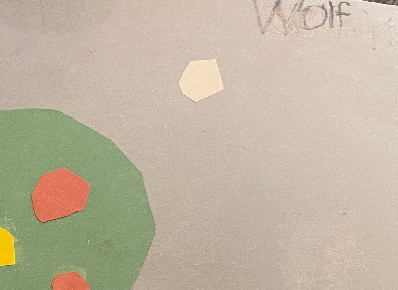 A child’s drawing with the name Wolf signed at the top. A child’s drawing with the name Wolf signed at the top.
