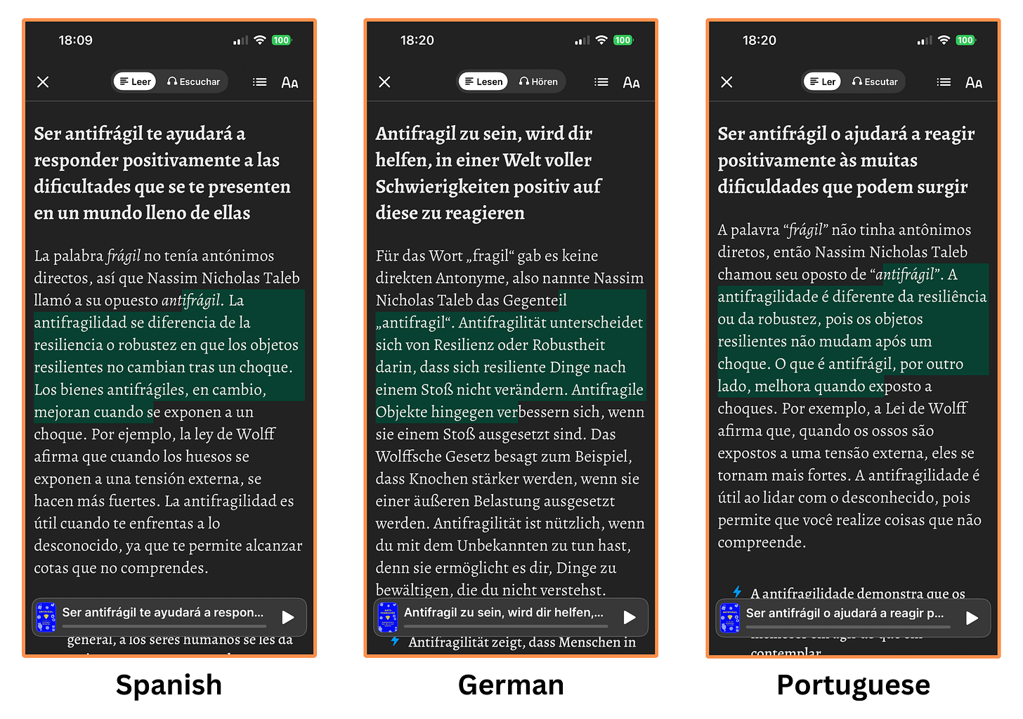 Headway App’s languages for the book Antifragile