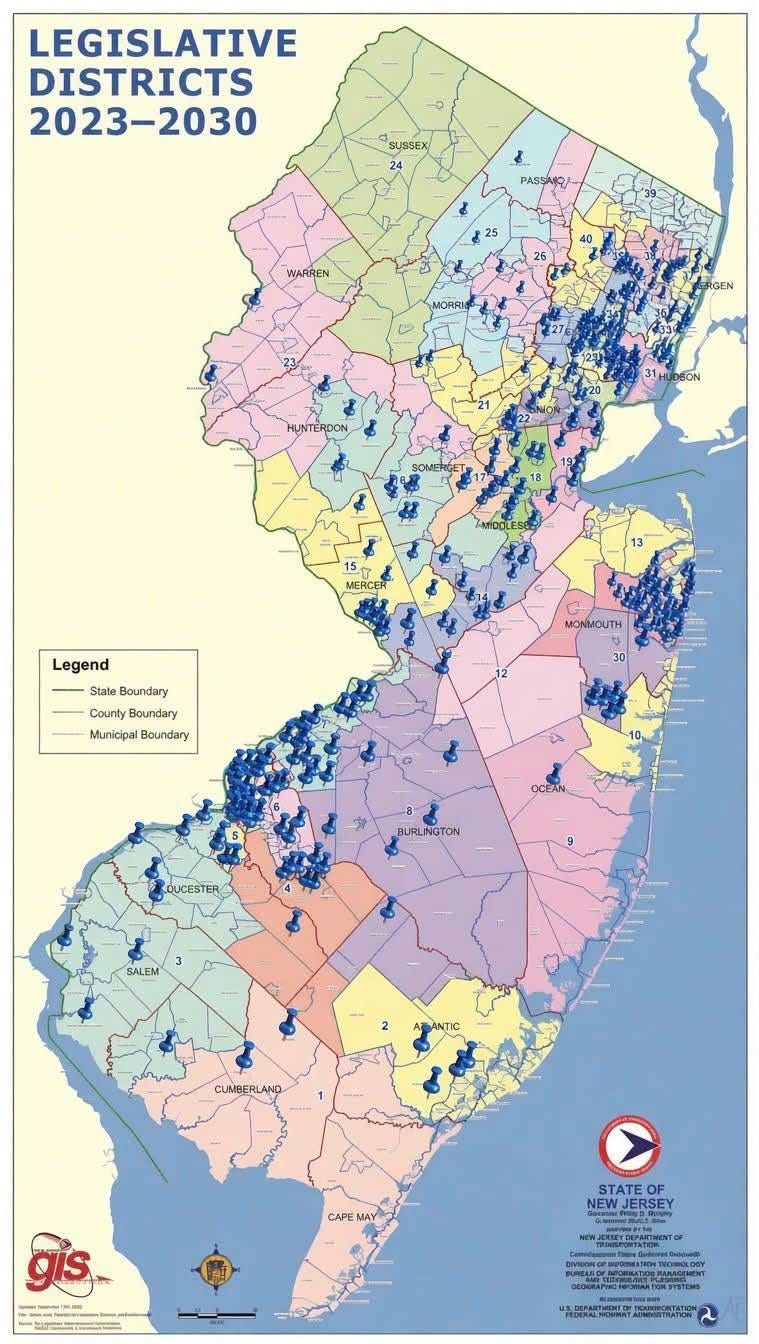 May be an image of map and text that says 'LEGISLATIVE DISTRICTS 2023-2030 2030 SUSSEX PASSAKA WARREN MORRI HUNTERDON MERC Legend State Boundary Boundary Muricipal MuricipalBoundary Boundary MONMOUTH 30 OCEAN BURLINGTON QUCESTER SALEM ANTIC CUNBE CUMBERLAND CAPE ΜΑγΑ - gis. STATE NEW ERSEY รำก VinPorTaTER ジ幸料 IRATION a'