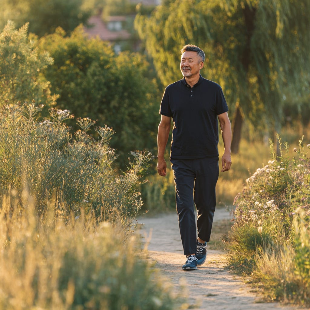 Fit older man about 55 years of age taking a walk for health