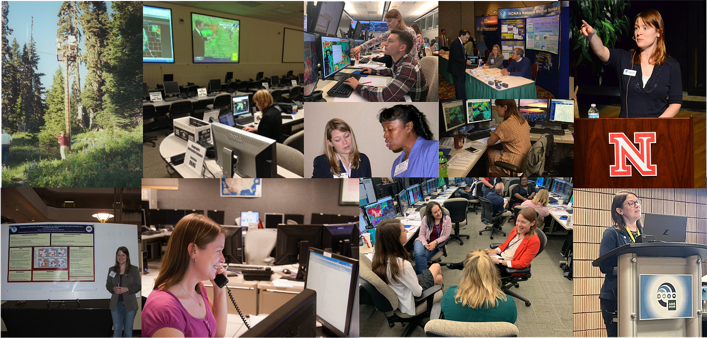 Collage of photographs featuring the author doing various aspects of her meteorology work, including teaching, forecasting, presenting research, and briefing others.
