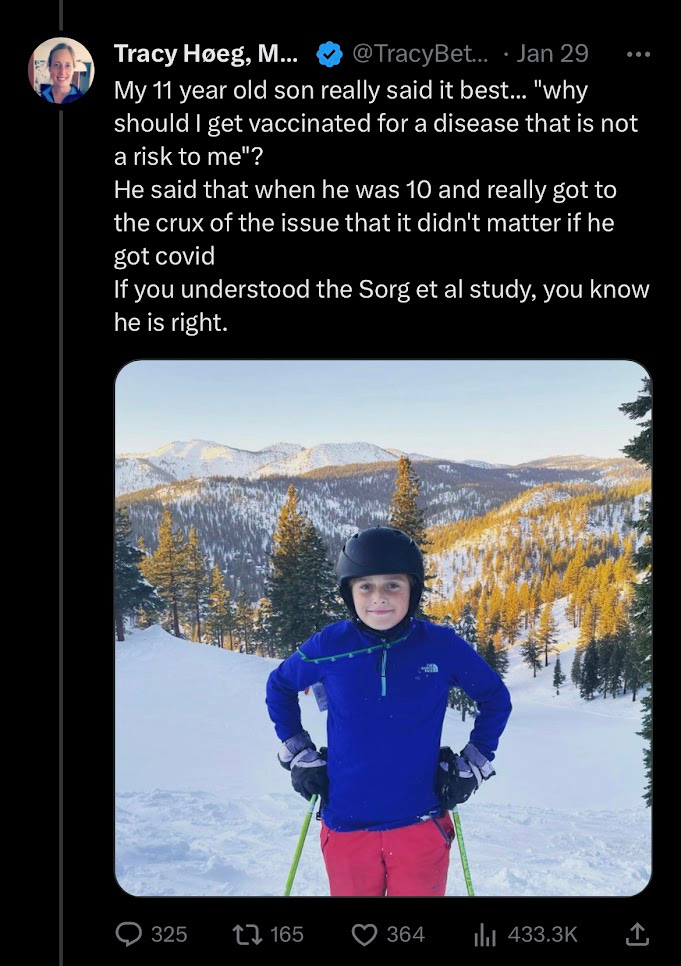 My 11 year old son said it best: "Why should I get vaccinated for a disease that is not a risk to me?" He said that when he was 10 and really got to the crux of the issue that it didn't matter if he got COVID. If you understood the Sorg et al study, you know he is right. My 11 year old son said it best: "Why should I get vaccinated for a disease that is not a risk to me?" He said that when he was 10 and really got to the crux of the issue that it didn't matter if he got COVID. If you understood the Sorg et al study, you know he is right.