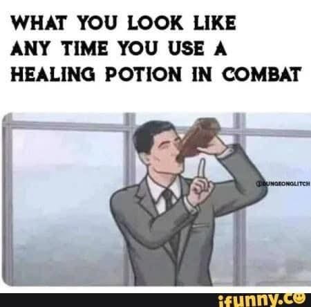 This may contain: a man in a suit and tie holding up a cup to his face with the words, what you look like any time you use a heating potion in combat