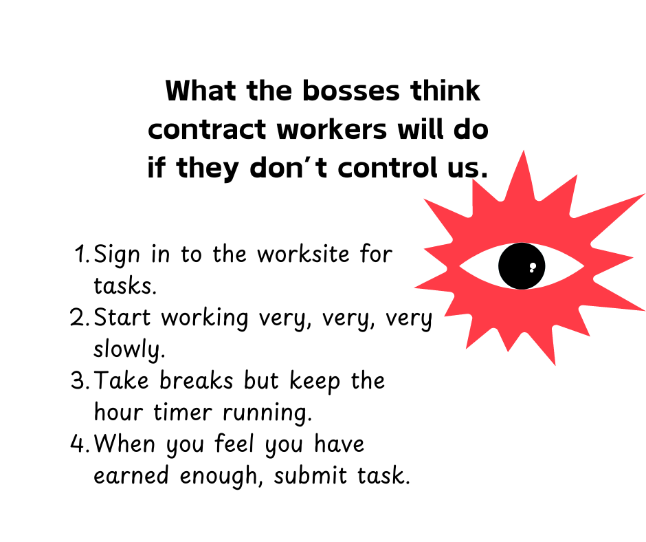 An eye with red spikes. Title: What the bosses think contract workers do if they don't control us. 1. Sign in to the worksite for tasks. 2. Start working very, very, very slowly. 3. Take breaks but keep the hour timer running. 4. When you feel you have earned enough, submit task. 