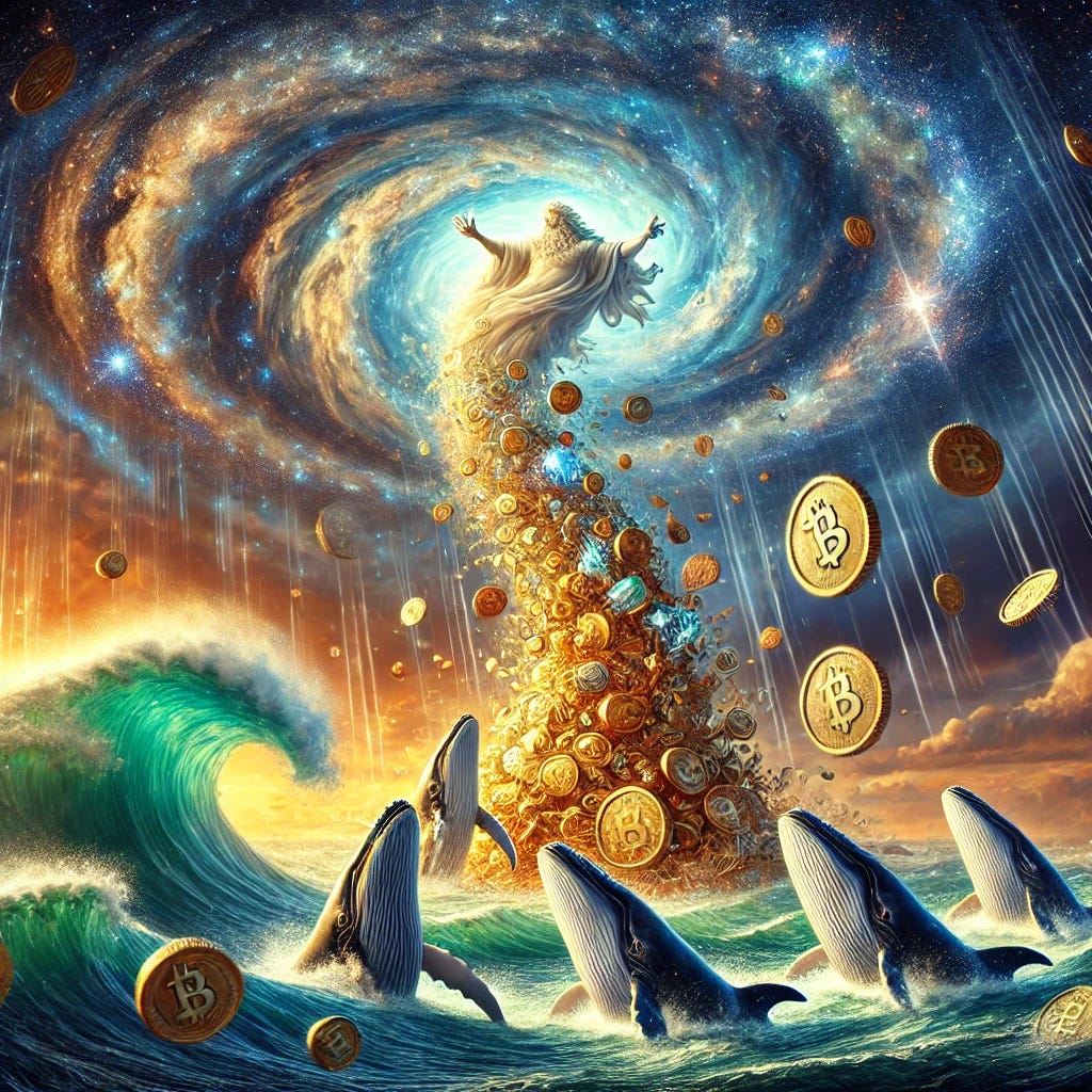 A surreal, celestial scene where a massive storm of wealth, resembling a hurricane, swirls in the sky. Whales are seen profiting from the storm, with coins, gems, and riches caught in the whirlwind. The setting is a majestic underwater kingdom blending with the stars, with divine beams of light streaming from above. Overseeing it all, a godlike figure is laughing joyfully from the heavens, watching the whales' success. The scene is dramatic and whimsical, with the storm's powerful winds and swirling wealth contrasted against the serene, celestial background.