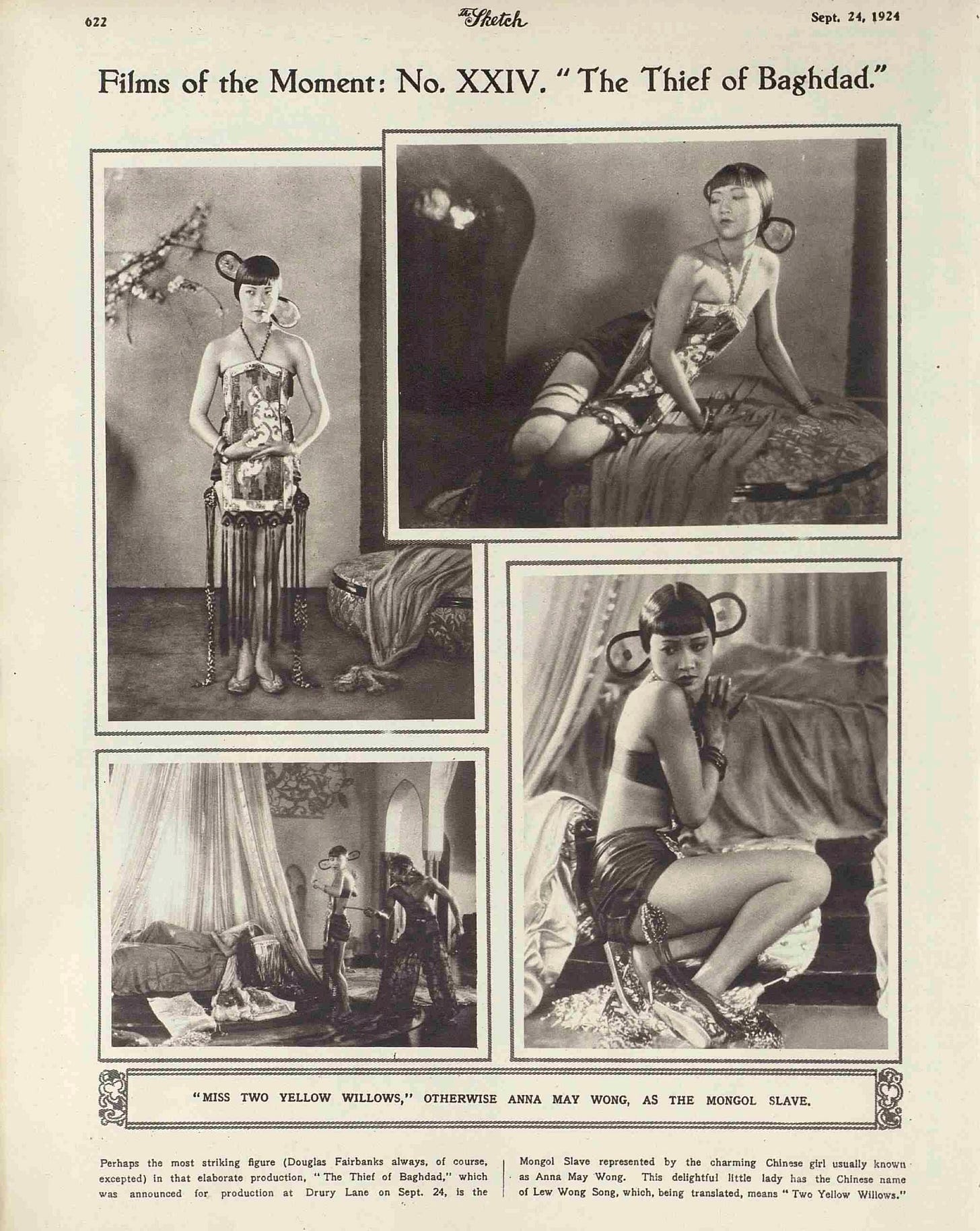 a black and white magazine spread of four images of Anna May Wong in The Thief of Bagdad wearing the skimpy two piece costume of the Mongolian slave