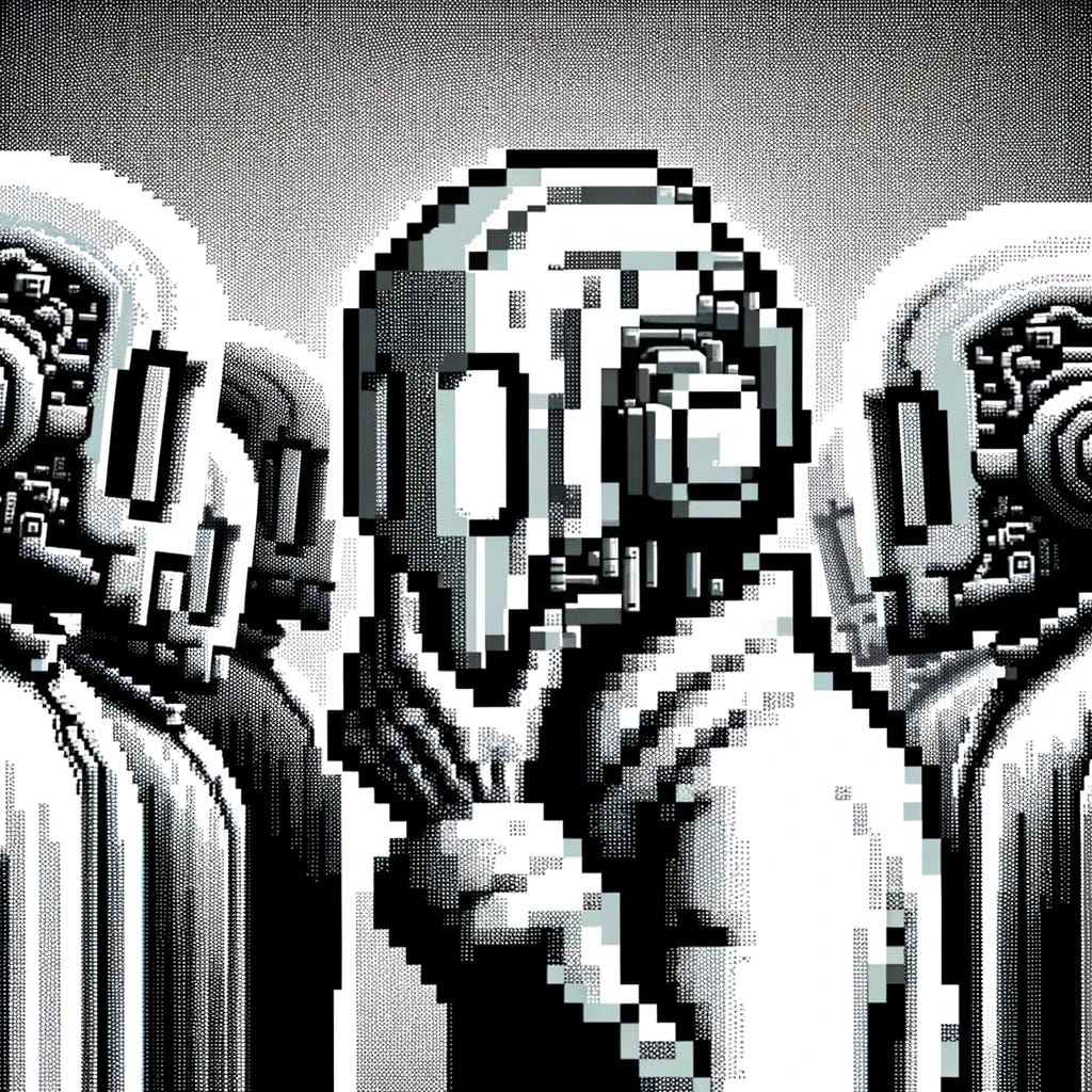 Imagine an emotionless lunatic meticulously rendered the chrome silver hominid starbeing in the same 8-bit cutscene style, focusing on capturing the stark, alienated essence of the character with a cold, detached precision. The image should reflect a profound solitude and otherworldliness, expressed through blocky, pixelated forms and bright, contrasting colors typical of 8-bit graphics. The background should be simple yet effectively enhance the theme of isolation in a digital, pixelated world, all done with a meticulous attention to detail that conveys an unsettling sense of detachment. Imagine an emotionless lunatic meticulously rendered the chrome silver hominid starbeing in the same 8-bit cutscene style, focusing on capturing the stark, alienated essence of the character with a cold, detached precision. The image should reflect a profound solitude and otherworldliness, expressed through blocky, pixelated forms and bright, contrasting colors typical of 8-bit graphics. The background should be simple yet effectively enhance the theme of isolation in a digital, pixelated world, all done with a meticulous attention to detail that conveys an unsettling sense of detachment.