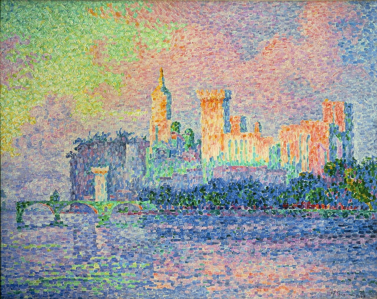 A stone palace above a river in blocks of violet and orange A stone palace above a river in blocks of violet and orange