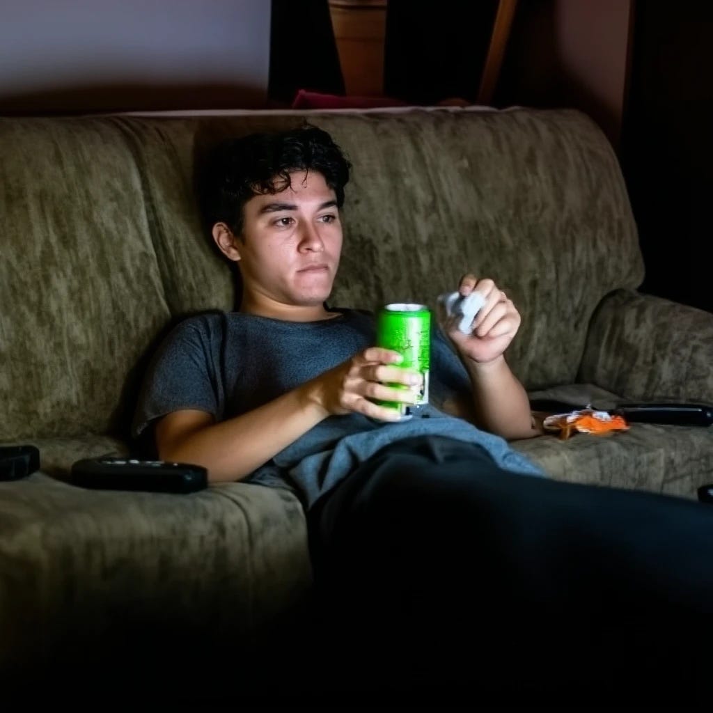 College kid drinking monster energy drinks consuming chewing tobacco while lounging on the couch watching tv