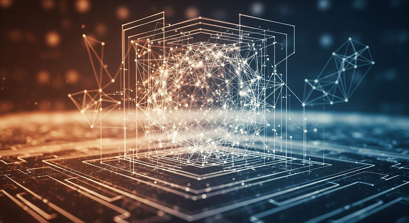 Digital globe of interconnected nodes floats above a circuit-like surface. Warm orange and cool blue tones create a tech-inspired ambiance.