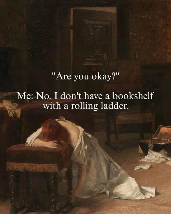 This may contain: a woman laying down on top of a chair next to a book shelf with the caption, are you okay? me no i don't have a bookshelf