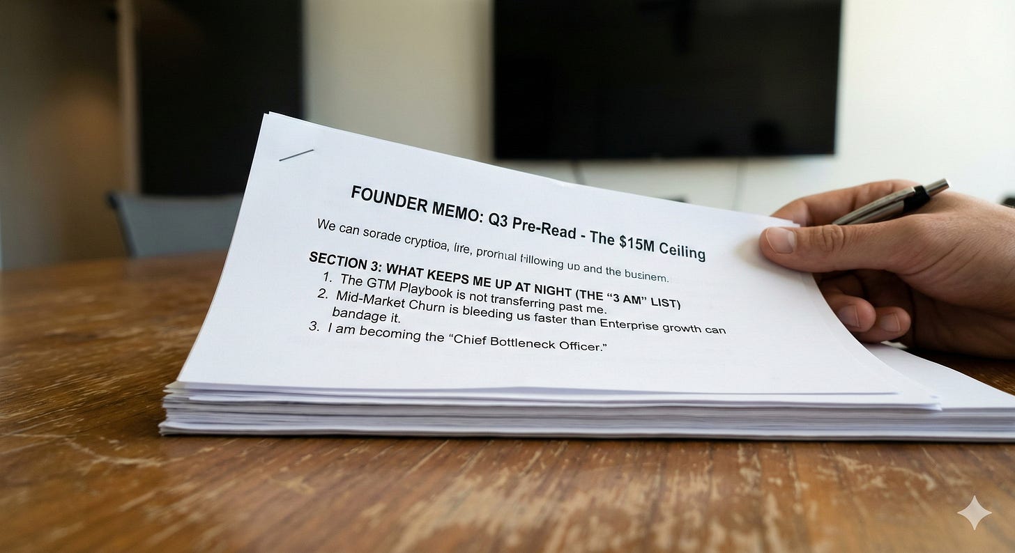 Founder holding a written board pre-read memo outlining strategic concerns and leadership bottlenecks.
